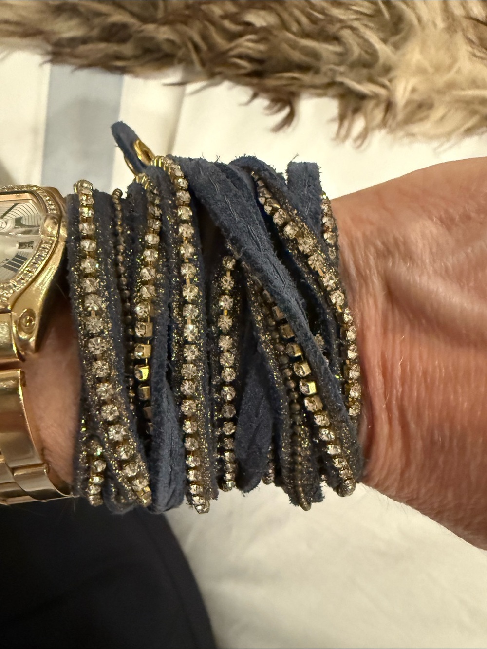 Denim Blue and Gold sparkly Multi-Strand Wrap Bracelet/necklace